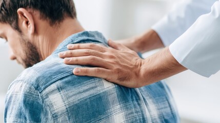 Physiotherapy session with seated patient receiving posture adjustment. Professional rehabilitation care targeting back support, mobility improvement and ergonomic correction