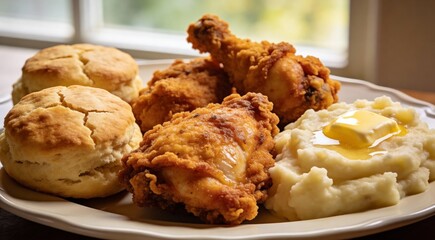 Fried Chicken with Buttery Biscuits and Mashed Potatoes