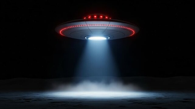 UFO hovers in night sky with bright beam landing on ground - 4k video