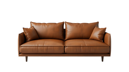 A stylish modern brown leather two seater sofa with four soft cushions and elegant wooden legs presented in bright studio lighting conveying comfort and sophistication isolated on transparen