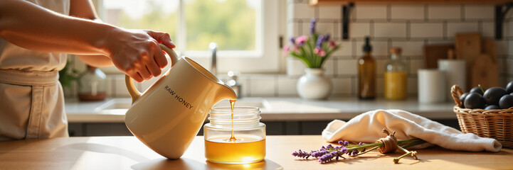 Pouring honey from pitcher into glass jar on kitchen countertop  