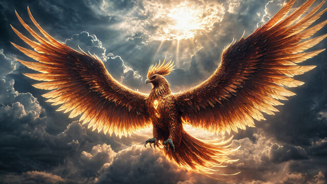 Ein mystischer Ph&ouml;nix steigt mit brennenden Fl&uuml;geln aus der Asche empor