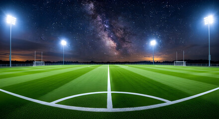 Empty Football Field at Night with Bright Stadium Lights and Starry Sky.