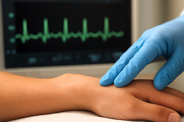 Healthcare Worker Monitoring Patient Vital Signs and Pulse on Wrist with Advanced EKG Heart Rate Monitor for Medical Diagnostic Analytics and Healthcare Insurance Data Management