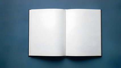 Open Blank Book Mockup with White Pages on Blue Background.