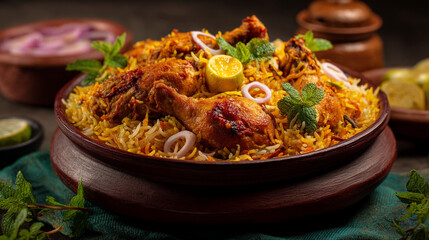 Authentic Indian chicken biryani served in a traditional clay pot, garnished with mint and onions, spicy rice dish