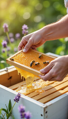 Hands removing honeycomb from box in garden with lavender flowers  