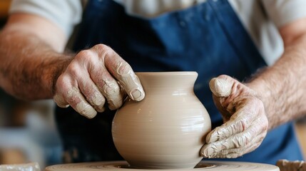 Potter carefully crafting clay vase on spinning wheel, weathered hands forming delicate curves within sunlit ceramic studio, highlighting traditional artisan skill