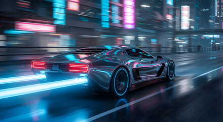 Futuristic Cyberpunk Cars Racing Through Neon Lit City at Night.