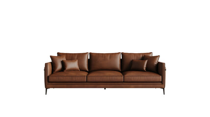 Modern brown leather three seater sofa with comfortable cushions matching pillows sleek contemporary design slender dark legs under soft studio lighting isolated on transparent background
