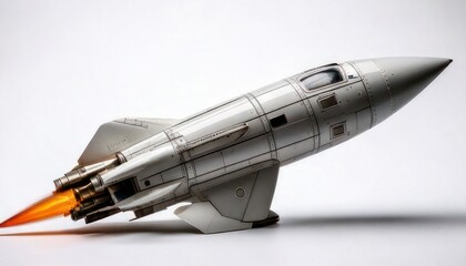 Silver Rocket Ship Taking Off Against a White Background, Space Exploration Concept.
