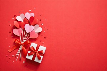 Valentine's Day gift and heart bouquet on red background