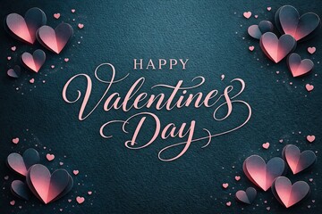 Happy Valentine's Day with pink hearts on dark background