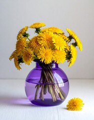 Dandelions in Purple Vase - A Burst of Sunny Yellow.