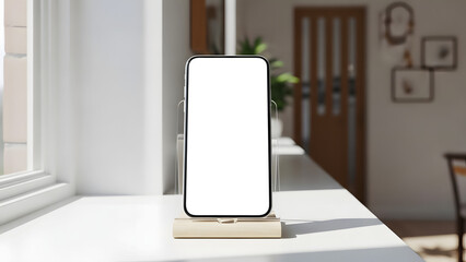 Smartphone Mockup on Wooden Stand with Blank Screen in Bright Modern Interior.