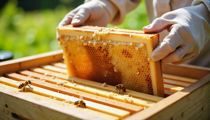 Beekeeper removing honeycomb frame from hive in sunny garden  