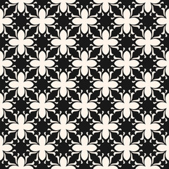 Abstract monochrome vector geometric floral ornament. Simple seamless pattern with flower mosaic elements, leaves, foliage, grid. Black and white repeat background texture with gothic mediaeval motifs