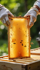 Hands holding honeycomb frame with bees in garden setting  