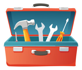 Open red toolbox character with happy face and various tools for kids educational learning and play