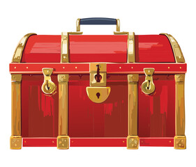 Classic red treasure chest or storage trunk with gold metal locks and heavy wood grain texture