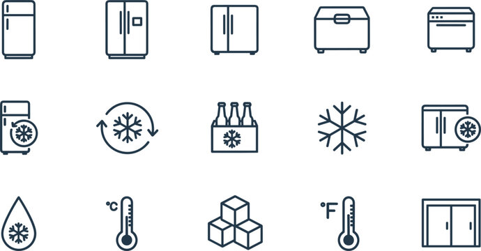 Industrial refrigeration icon set with refrigerators freezers snowflakes thermometers and cooling system symbols for appliance retail and cold storage.