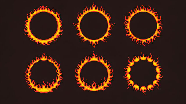 Collection of circular flame ring designs in solid black and outline styles, isolated on white background, ideal for logos, icons, frames, tattoos, or graphic design elements.
