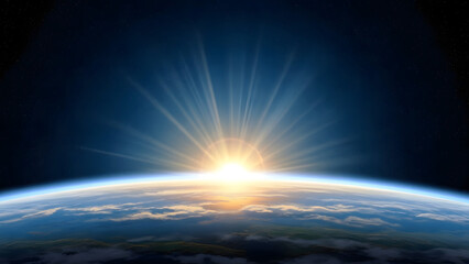 Sunrise Over Earth Horizon from Space with Cosmic Light Rays.