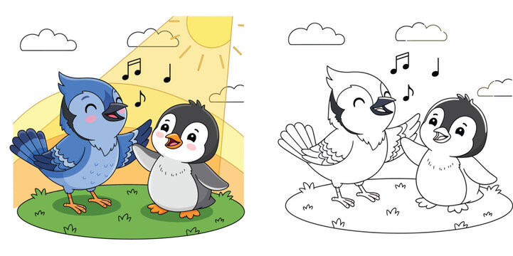 Cute Cartoon Blue Jay and Penguin Singing Together Under a Bright Sun Children's
