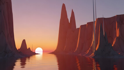 Surreal Sunset Canyon Landscape with Water Reflection and Sci-Fi Rock Spires.