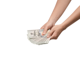 Male hand holding a thick stack of 100 US dollar banknotes isolated on light grey background. Concept for wealth, loan, payment, and financial success.