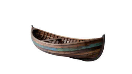 An intricately detailed vintage wooden rowboat with weathered brown planks and faded blue green paint stripes resting peacefully a calm and serene nautical object isolated on transparent bac