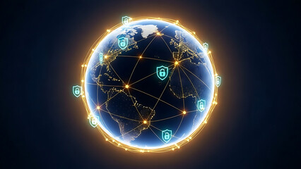 Global network security concept with padlock icons on a glowing earth map at night with cybersecurity and technology and digital - Ai Generated