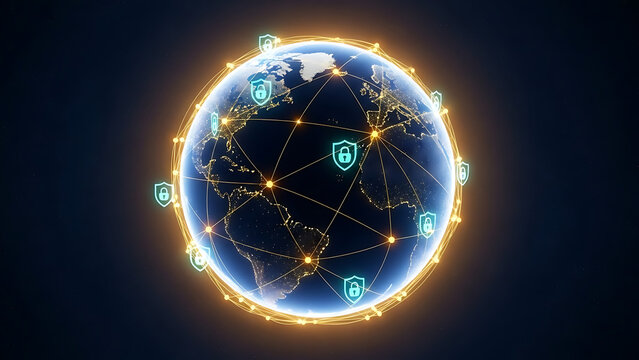 Global network security concept with padlock icons on a glowing earth map at night with cybersecurity and technology and digital - Ai Generated - Powered by Adobe