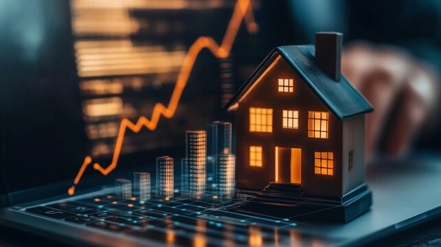 3D animated house on laptop with rising digital chart of prosperity and growth, symbolizing real estate investment success - Powered by Adobe