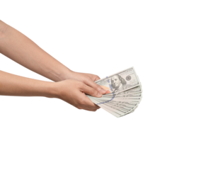Male hand holding a thick stack of 100 US dollar banknotes isolated on light grey background. Concept for wealth, loan, payment, and financial success.