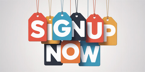 Hanging tags with letters spelling SIGNUPNOW on a light background Keywords: signup, now