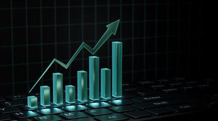 A glowing green 3D bar graph and an upward-pointing arrow rising from a computer keyboard, symbolizing financial growth and digital business success.