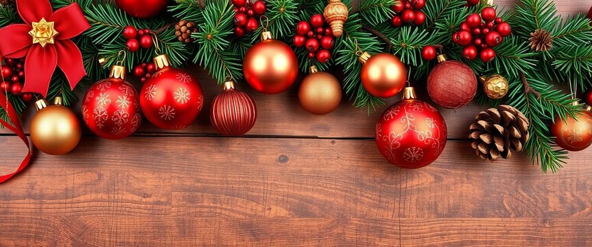Elegant red and gold Christmas ornaments, garland, and pine cones on rustic wood, festive, gold ornaments