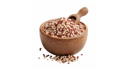 Delicious organic mixed red and white quinoa grains in a rustic wooden bowl with a scoop on a dark background