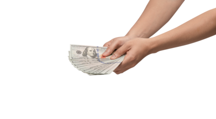 Male hand holding a thick stack of 100 US dollar banknotes isolated on light grey background. Concept for wealth, loan, payment, and financial success.