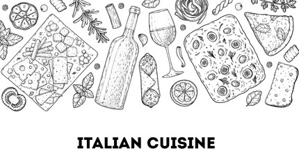 Italian cuisine top view frame. Italian food. Vector drawing illustration. Set of sketches of Italian dishes. Food menu design template. Not AI generated.