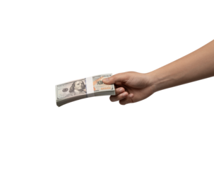 Male hand holding a thick stack of 100 US dollar banknotes isolated on light grey background. Concept for wealth, loan, payment, and financial success.
