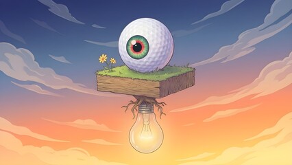 Whimsical golf ball with eye on floating grassy platform and light bulb roots sunset background