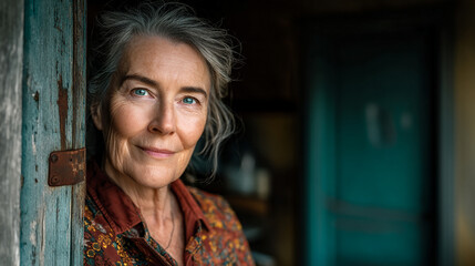 Fototapeta premium Close-up portrait of a mature woman with natural grey hair and blue eyes standing near a weathered wooden door