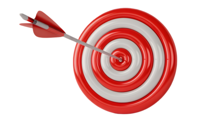 A shiny red and white concentric circular target with a silver tipped red arrow striking the bullseye in the center symbolizing perfect accuracy and successful achievement isolated on transp