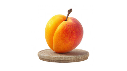 Fresh vibrant apricot fruit with dew drops resting on a rustic wooden base