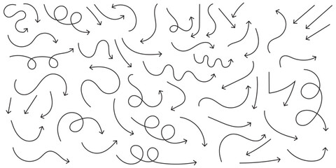 Hand drawn arrow doodles. A diverse collection of hand-drawn doodle arrows pointing in multiple directions. An extensive set of hand-drawn doodle arrows rendered in black on a clean white background.