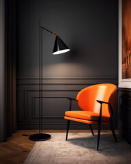 Minimalist Home Decor Featuring an Orange Lounge Chair and Sleek Black Designer Lamp in a Moody Room