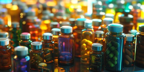 A collection of colorful pills in bottles.