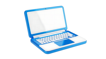 Blue laptop computer with white keyboard and blank screen isolated on a transparent background